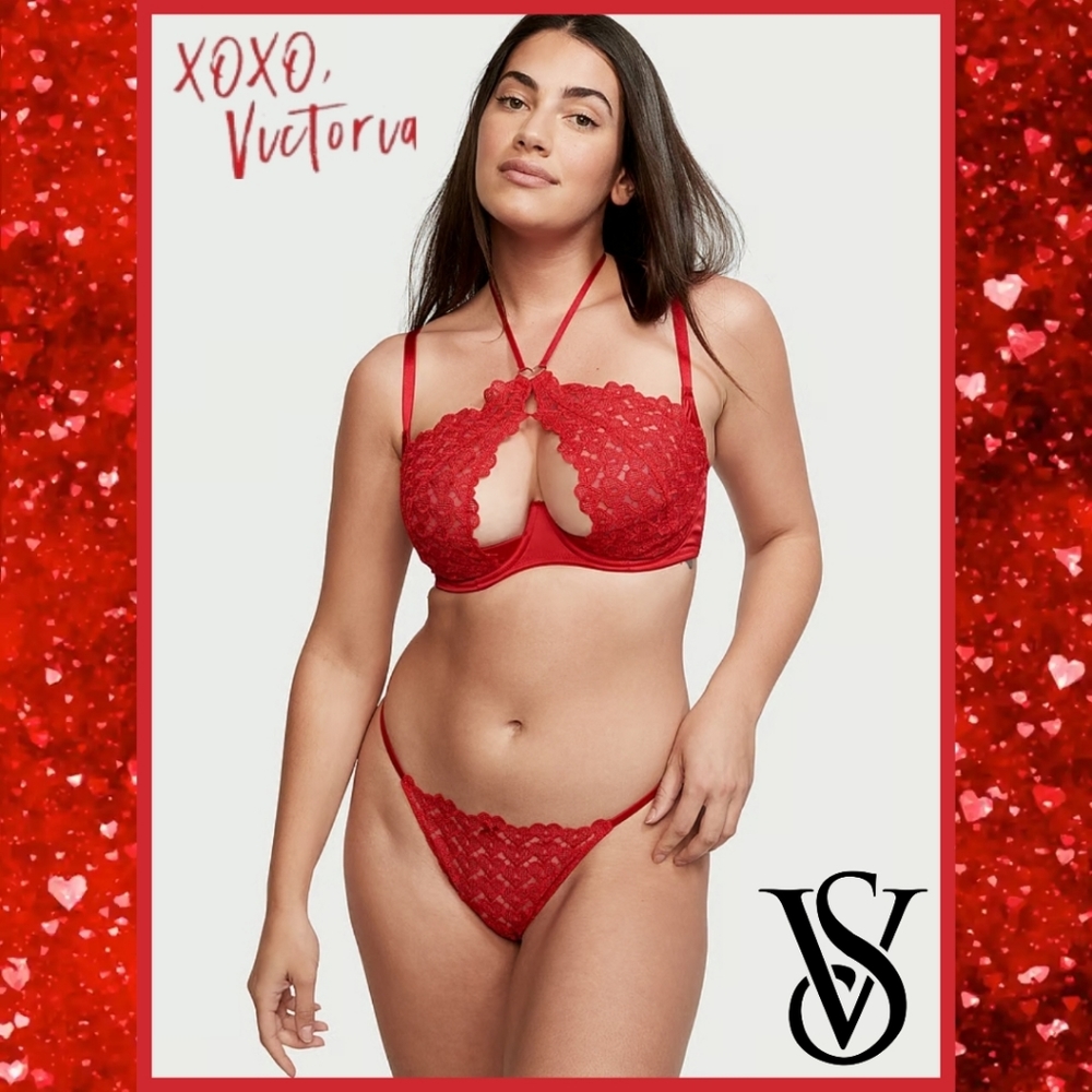 NWTs VS Sweetheart Lace Open Cup Halter Bra (size 32D) (color red/lipstick)
